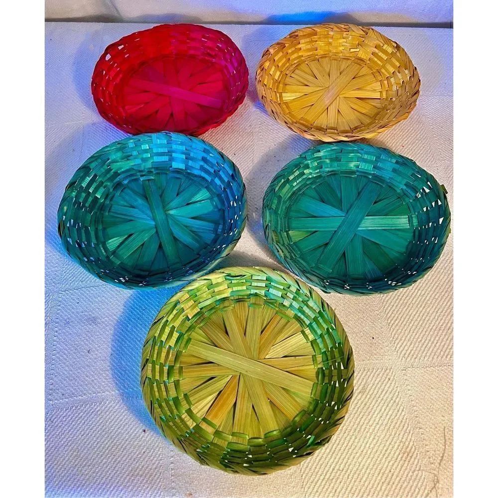 VTG Lot of 5 Retro Wicker Paper Plate Holders Colorful Rattan Picnic BBQ Camping